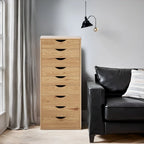 Étroite commode en bois à 9 tiroirs coulissants et étagère de rangement supérieure