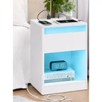 Table de chevet avec station de recharge, table de chevet avec tiroir, lumières LED réglables latérales modernes, 2 prises CA, 2 ports USB pour chambre à coucher