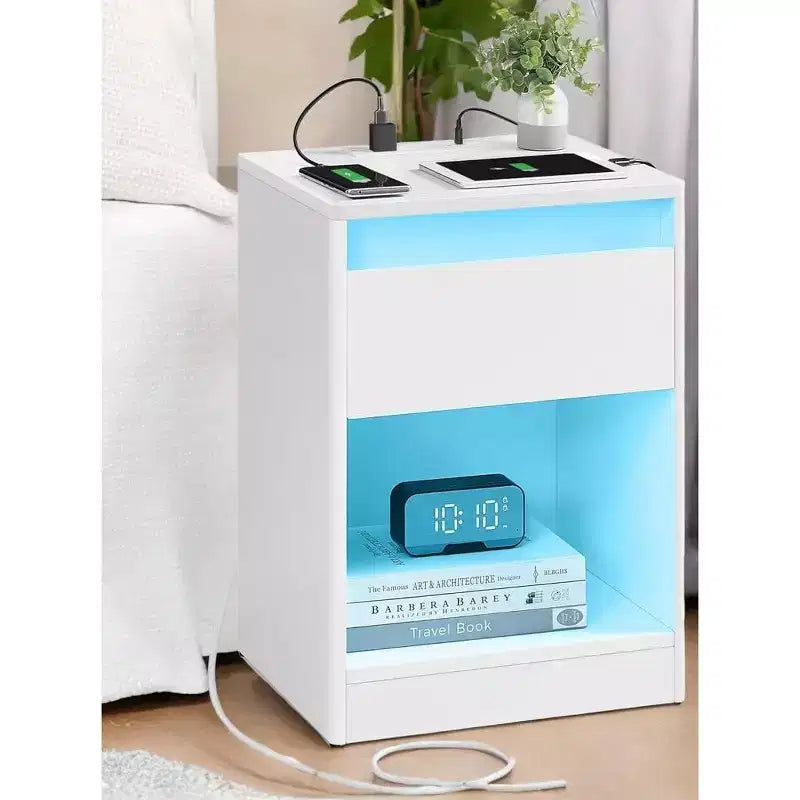 Table de chevet avec station de recharge, table de chevet avec tiroir, lumières LED réglables latérales modernes, 2 prises CA, 2 ports USB pour chambre à coucher