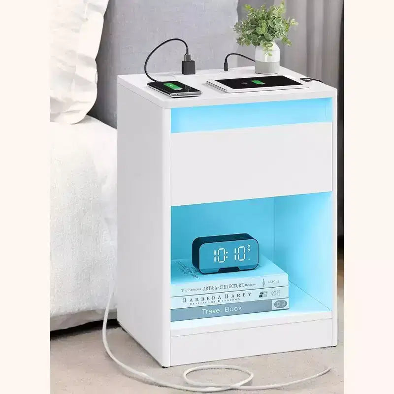 Table de chevet avec station de recharge, table de chevet avec tiroir, lumières LED réglables latérales modernes, 2 prises CA, 2 ports USB pour chambre à coucher