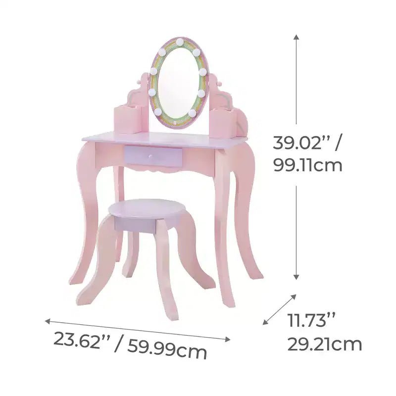 Fantasy Fields Coiffeuse en bois Petite Princesse Raiponce avec miroir LED et tabouret, Rose