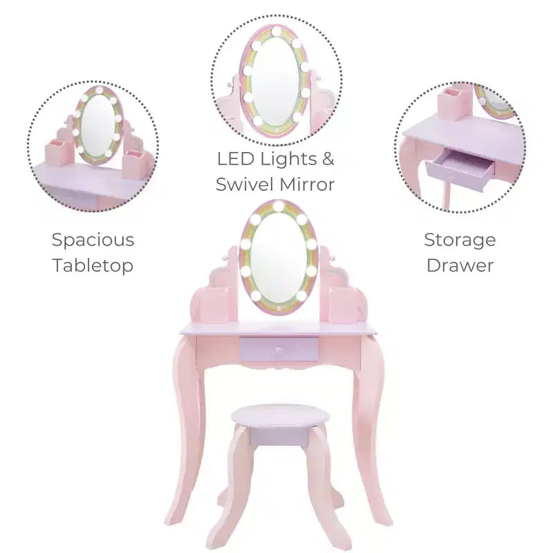 Fantasy Fields Coiffeuse en bois Petite Princesse Raiponce avec miroir LED et tabouret, Rose