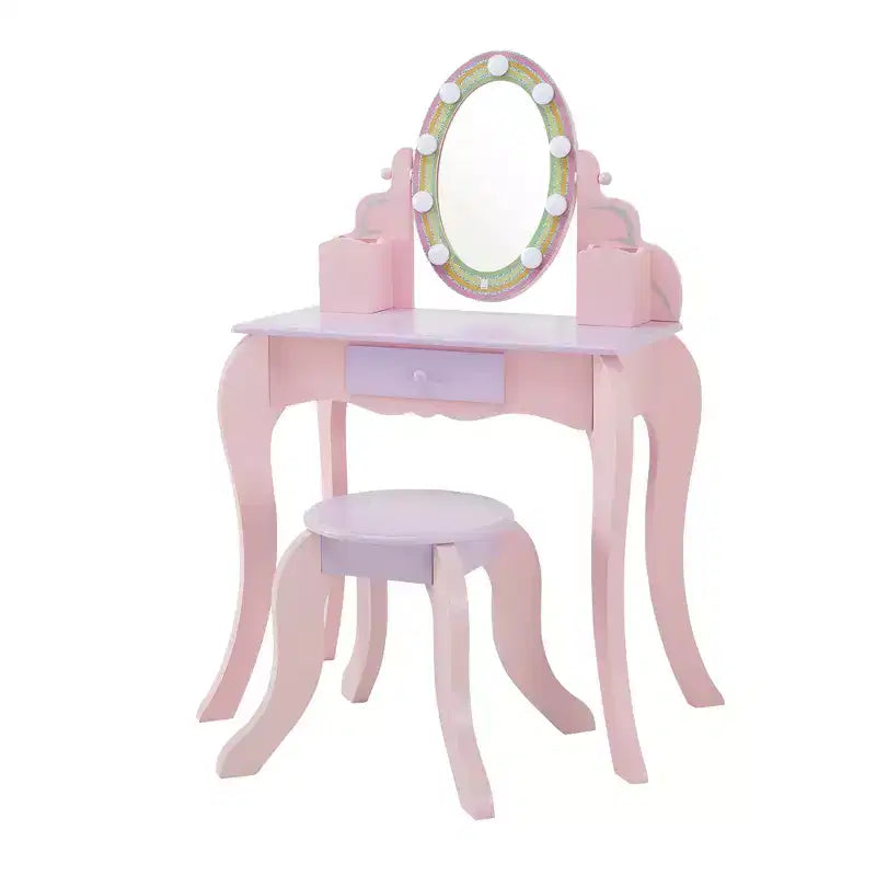 Fantasy Fields Coiffeuse en bois Petite Princesse Raiponce avec miroir LED et tabouret, Rose