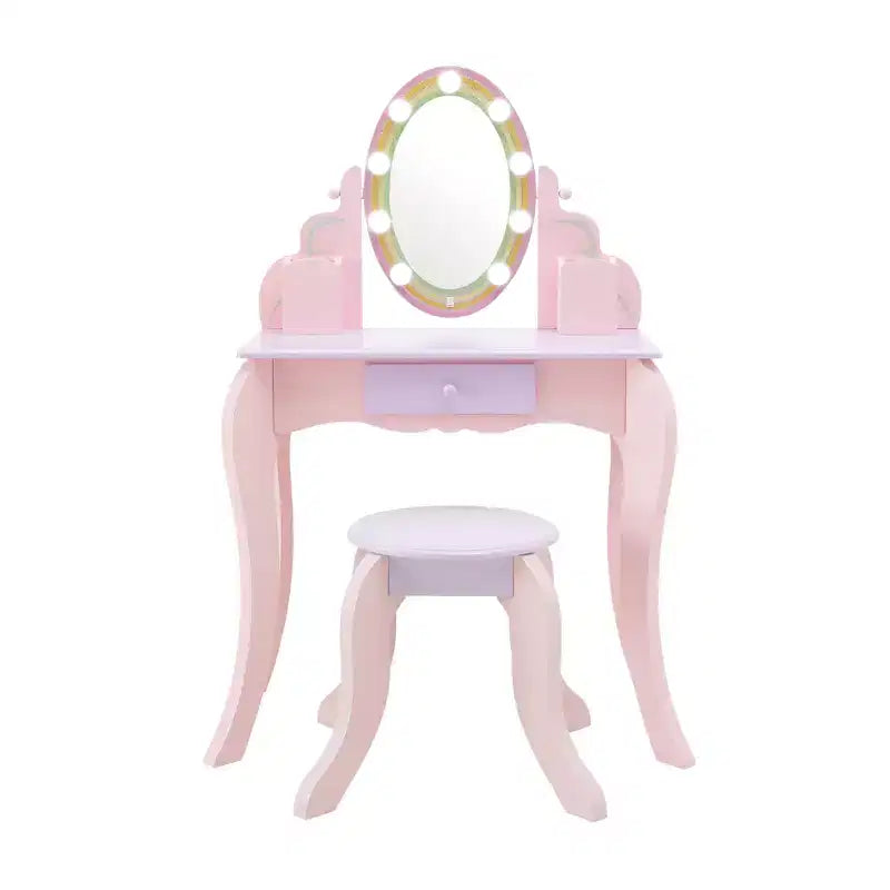 Fantasy Fields Coiffeuse en bois Petite Princesse Raiponce avec miroir LED et tabouret, Rose
