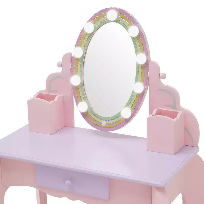 Fantasy Fields Coiffeuse en bois Petite Princesse Raiponce avec miroir LED et tabouret, Rose