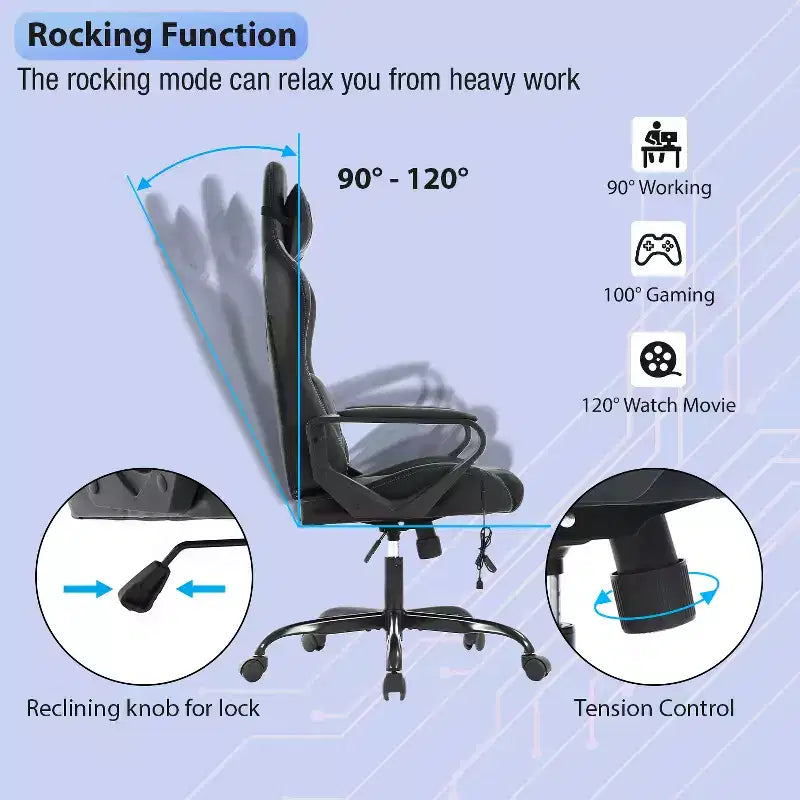 Chaise de jeu FDW Gaming Chaise de bureau massante confortable et élégante avec soutien lombaire réglable, pivotante à 360 degrés et roulettes silencieuses