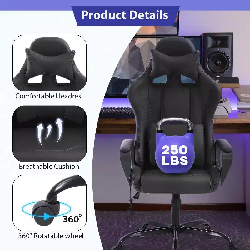 Chaise de jeu FDW Gaming Chaise de bureau massante confortable et élégante avec soutien lombaire réglable, pivotante à 360 degrés et roulettes silencieuses