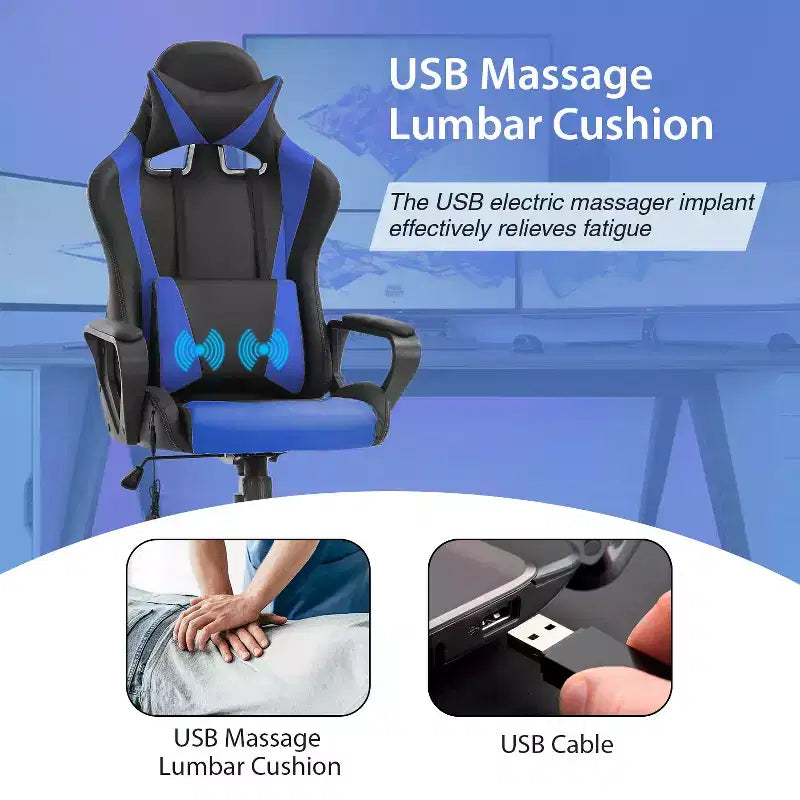 Chaise de jeu FDW Gaming Chaise de bureau massante confortable et élégante avec soutien lombaire réglable, pivotante à 360 degrés et roulettes silencieuses