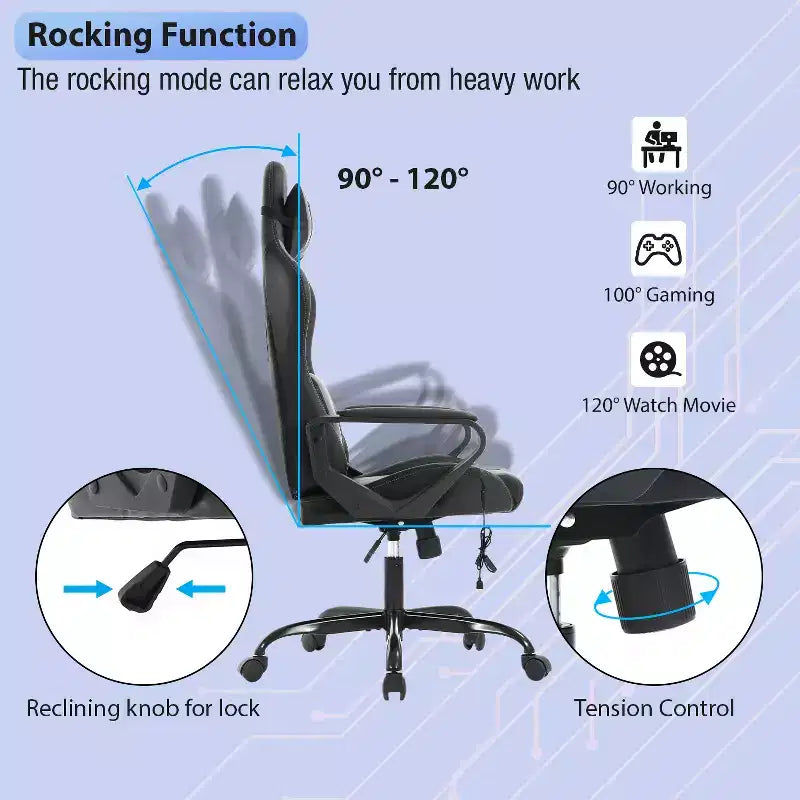 Chaise de jeu FDW Gaming Chaise de bureau massante confortable et élégante avec soutien lombaire réglable, pivotante à 360 degrés et roulettes silencieuses