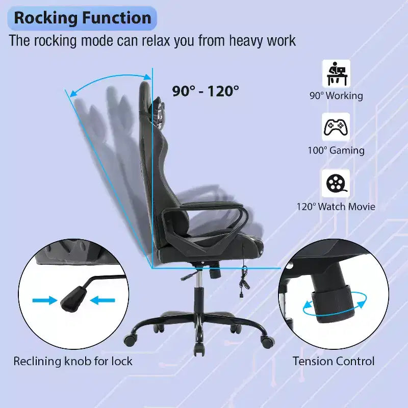 Chaise de jeu FDW Gaming Chaise de bureau massante confortable et élégante avec soutien lombaire réglable, pivotante à 360 degrés et roulettes silencieuses