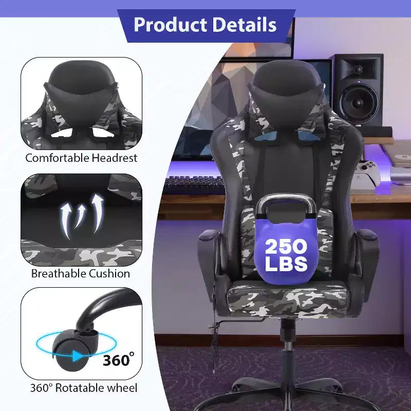 Chaise de jeu FDW Gaming Chaise de bureau massante confortable et élégante avec soutien lombaire réglable, pivotante à 360 degrés et roulettes silencieuses