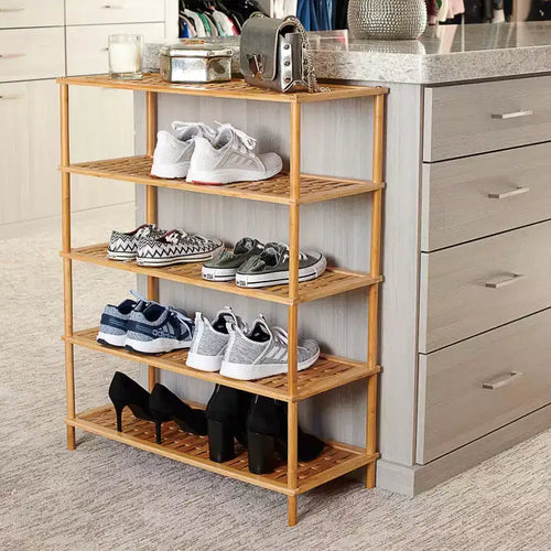 Étagère à chaussures 5 niveaux en bambou, Meuble de rangement léger, Tressage panier pour une meilleure circulation de l'air