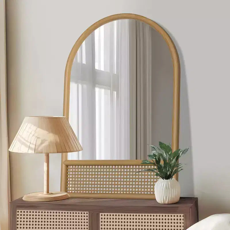 Miroir Mural PexFix Classique à Cadre en Bois Cintré avec Bas en Rotin