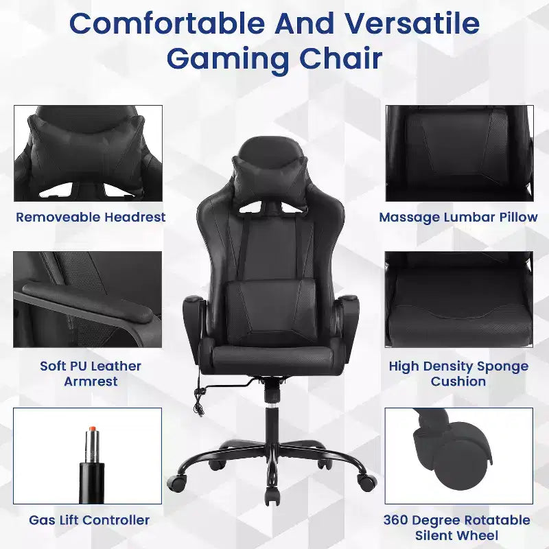 Chaise de bureau BestMassage Gaming Chair à dossier haut avec support lombaire, fonction massage et roulettes en cuir PU pour adultes et adolescents
