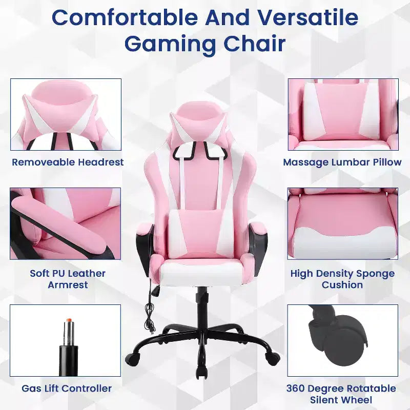 Chaise de bureau BestMassage Gaming Chair à dossier haut avec support lombaire, fonction massage et roulettes en cuir PU pour adultes et adolescents
