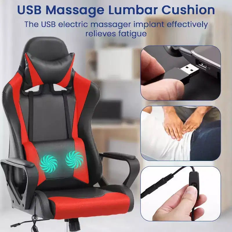 Chaise de bureau BestMassage Gaming Chair à dossier haut avec support lombaire, fonction massage et roulettes en cuir PU pour adultes et adolescents