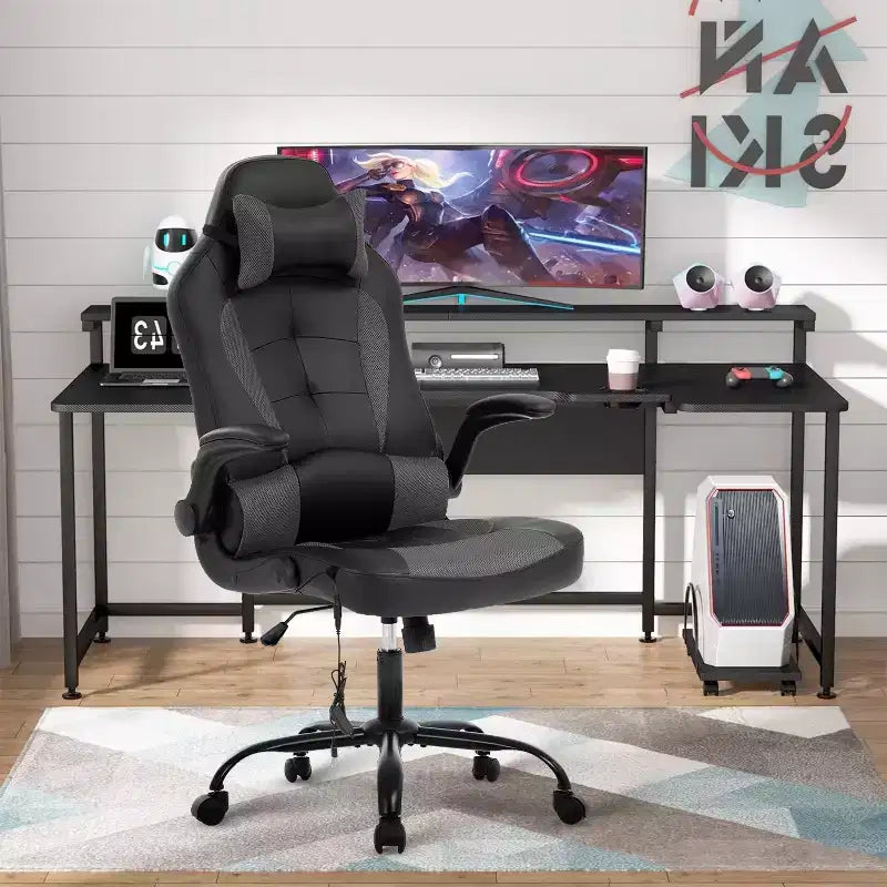 Chaise de jeu BestMassage, chaise de bureau avec support lombaire, revêtement en similicuir et base pivotante à roulettes pour le jeu sur PC et l'utilisation exécutive