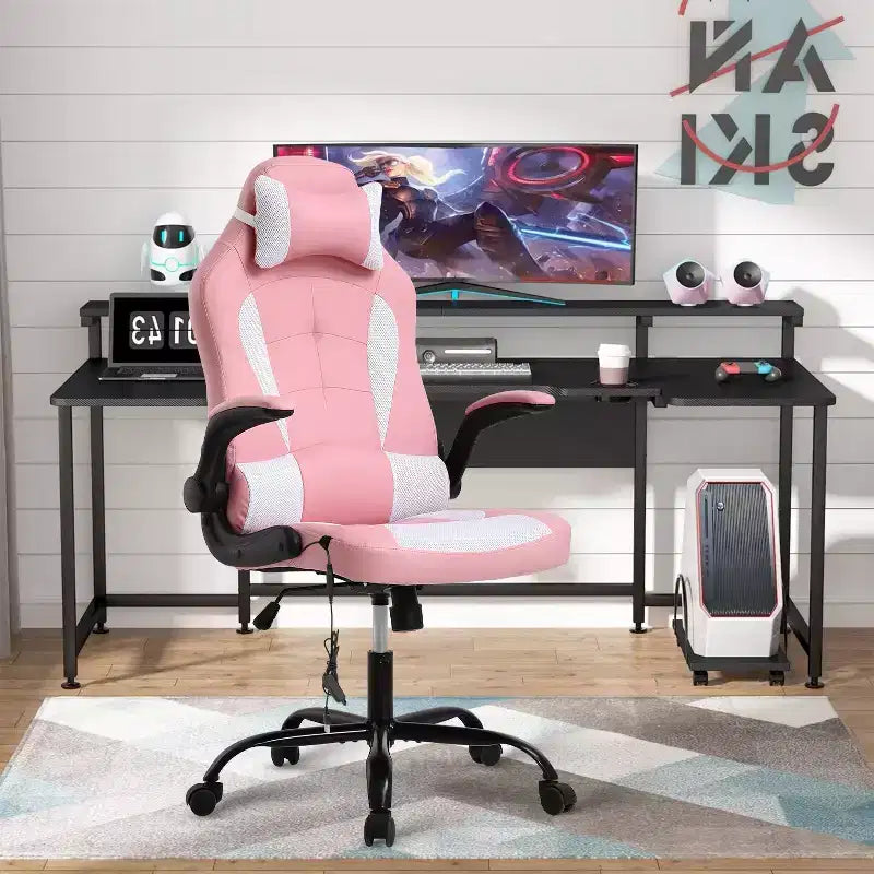 Chaise de jeu BestMassage, chaise de bureau avec support lombaire, revêtement en similicuir et base pivotante à roulettes pour le jeu sur PC et l'utilisation exécutive