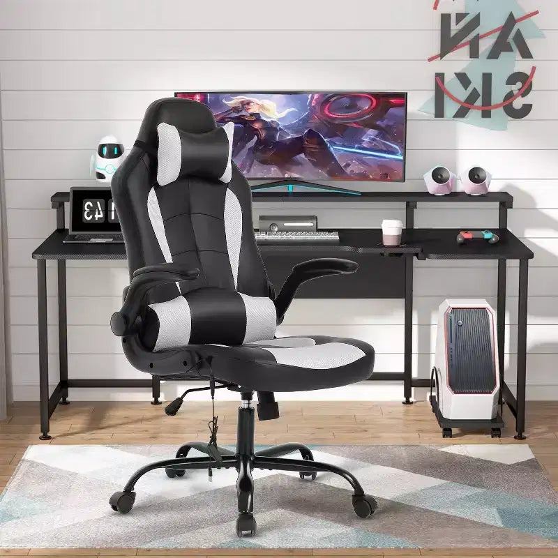 Chaise de jeu BestMassage, chaise de bureau avec support lombaire, revêtement en similicuir et base pivotante à roulettes pour le jeu sur PC et l'utilisation exécutive