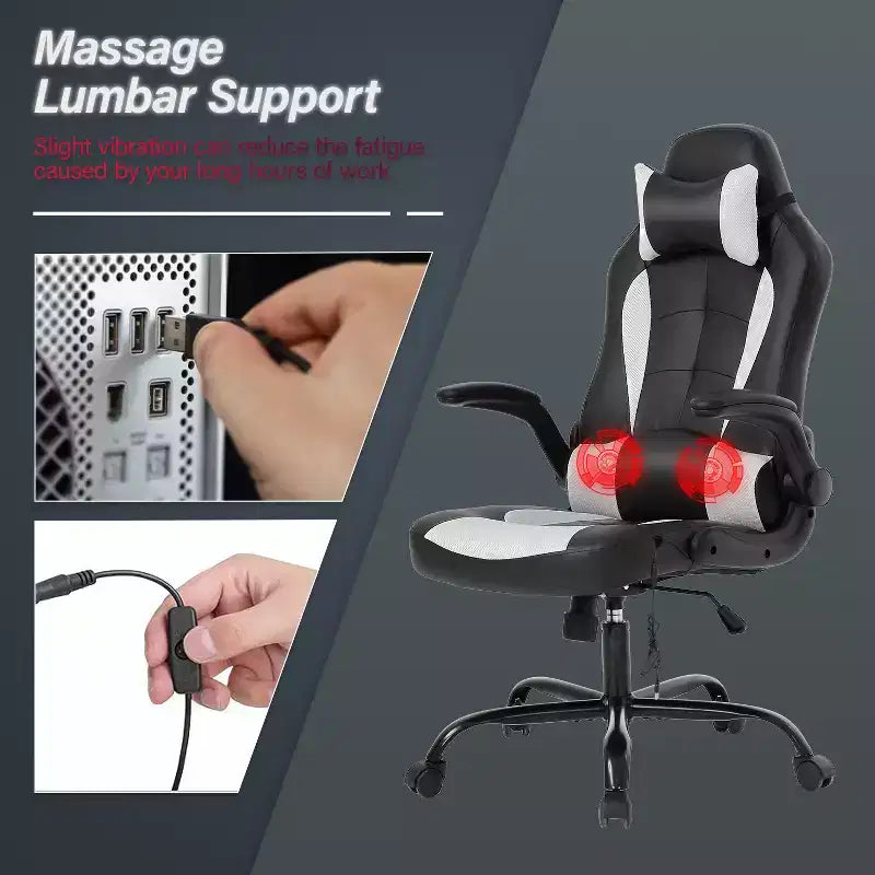 Chaise de jeu BestMassage, chaise de bureau avec support lombaire, revêtement en similicuir et base pivotante à roulettes pour le jeu sur PC et l'utilisation exécutive