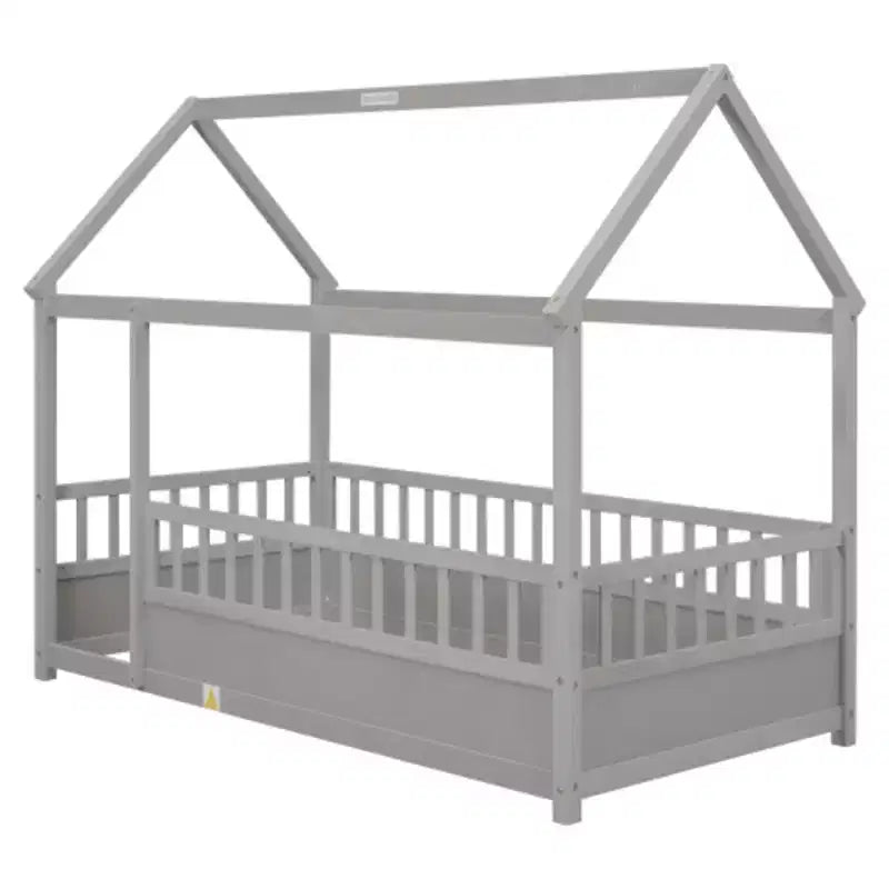 Lit en bois individuel bas avec toit style maisonnette et balustrades
