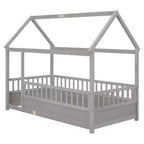 Lit en bois individuel bas avec toit style maisonnette et balustrades