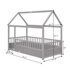 Lit en bois individuel bas avec toit style maisonnette et balustrades