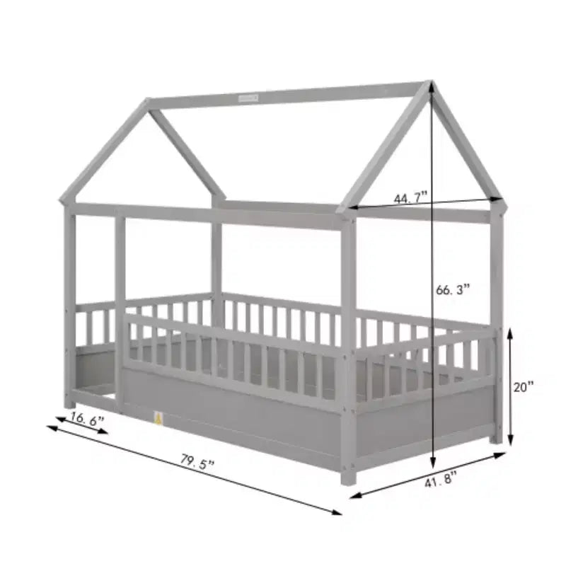 Lit en bois individuel bas avec toit style maisonnette et balustrades