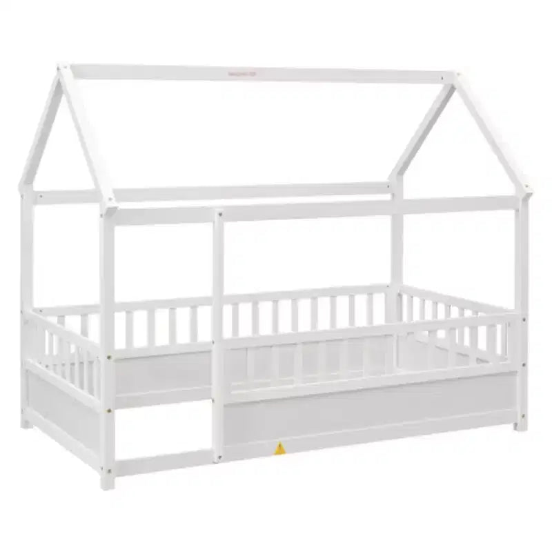 Lit en bois individuel bas avec toit style maisonnette et balustrades