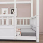 Lit en bois individuel bas avec toit style maisonnette et balustrades