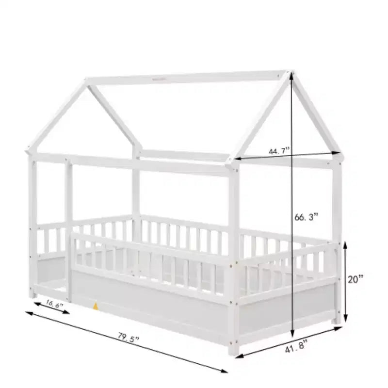 Lit en bois individuel bas avec toit style maisonnette et balustrades