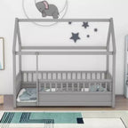 Lit en bois individuel bas avec toit style maisonnette et balustrades