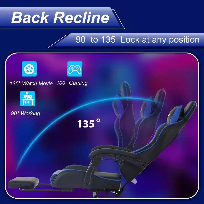 FDW Chaise de jeu Chaise de bureau de course avec repose-pieds Support lombaire Appui-tête Accoudoir Chaise de gamer PC réglable à roulettes pivotante