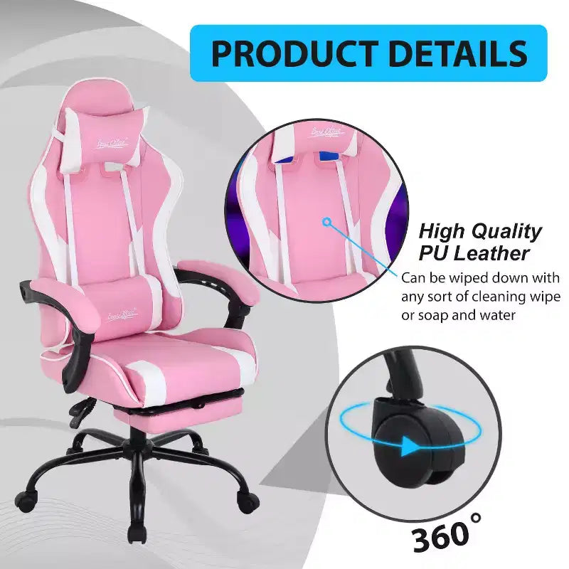 FDW Chaise de jeu Chaise de bureau de course avec repose-pieds Support lombaire Appui-tête Accoudoir Chaise de gamer PC réglable à roulettes pivotante