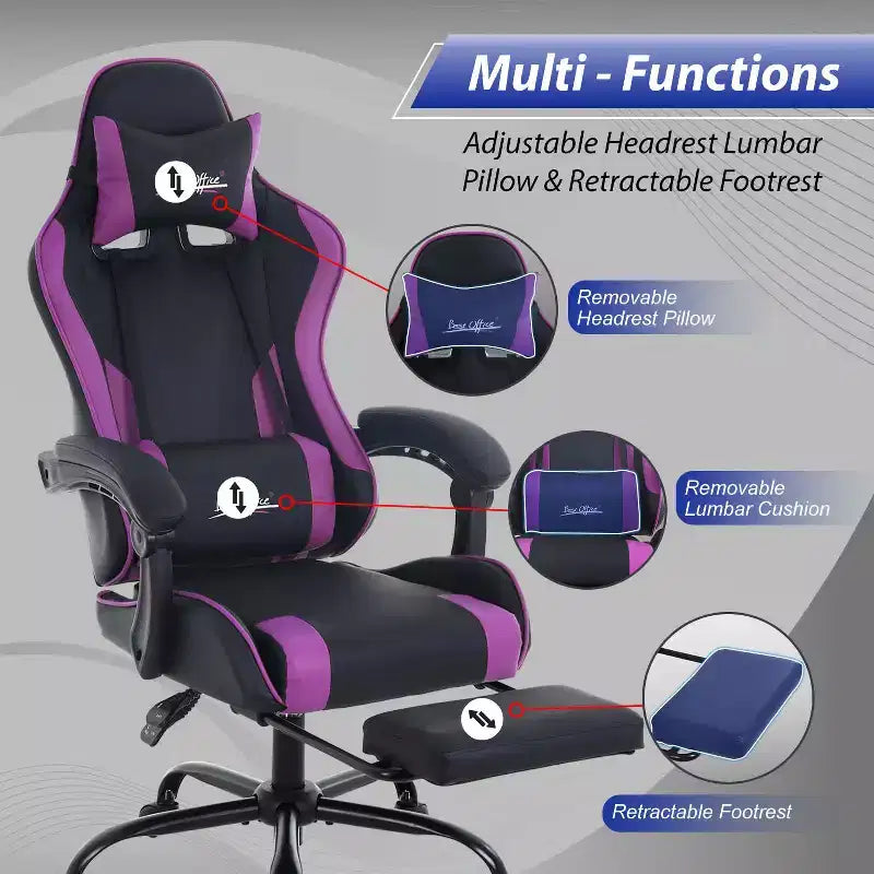 FDW Chaise de jeu Chaise de bureau de course avec repose-pieds Support lombaire Appui-tête Accoudoir Chaise de gamer PC réglable à roulettes pivotante
