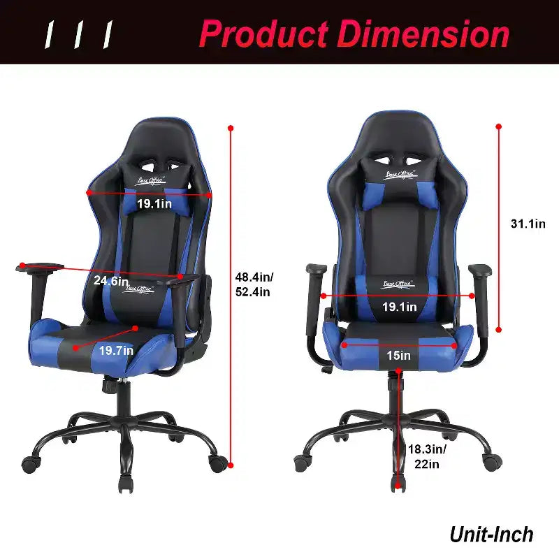 Chaise de jeu BestMassage, chaise de bureau avec support lombaire, appui-tête, accoudoirs et roulettes pivotantes pour joueurs de PC