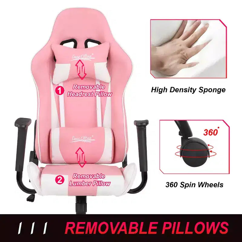 Chaise de jeu BestMassage, chaise de bureau avec support lombaire, appui-tête, accoudoirs et roulettes pivotantes pour joueurs de PC