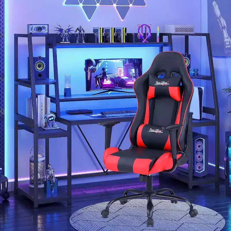 Chaise de jeu BestMassage, chaise de bureau avec support lombaire, appui-tête, accoudoirs et roulettes pivotantes pour joueurs de PC