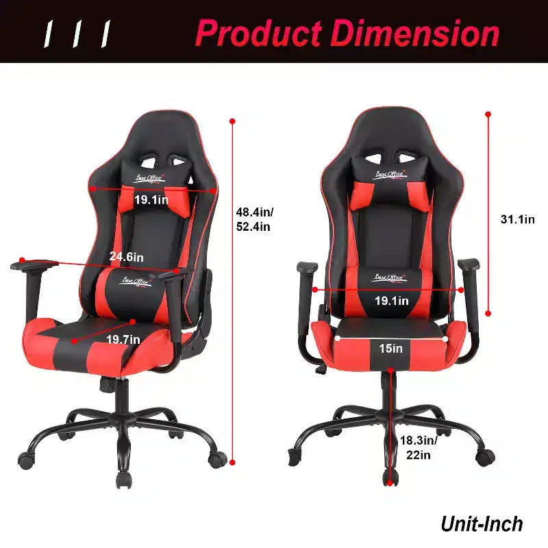 Chaise de jeu BestMassage, chaise de bureau avec support lombaire, appui-tête, accoudoirs et roulettes pivotantes pour joueurs de PC