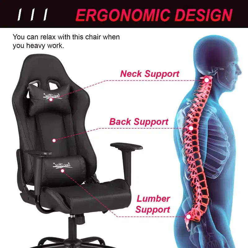 Chaise de jeu BestMassage, chaise de bureau avec support lombaire, appui-tête, accoudoirs et roulettes pivotantes pour joueurs de PC