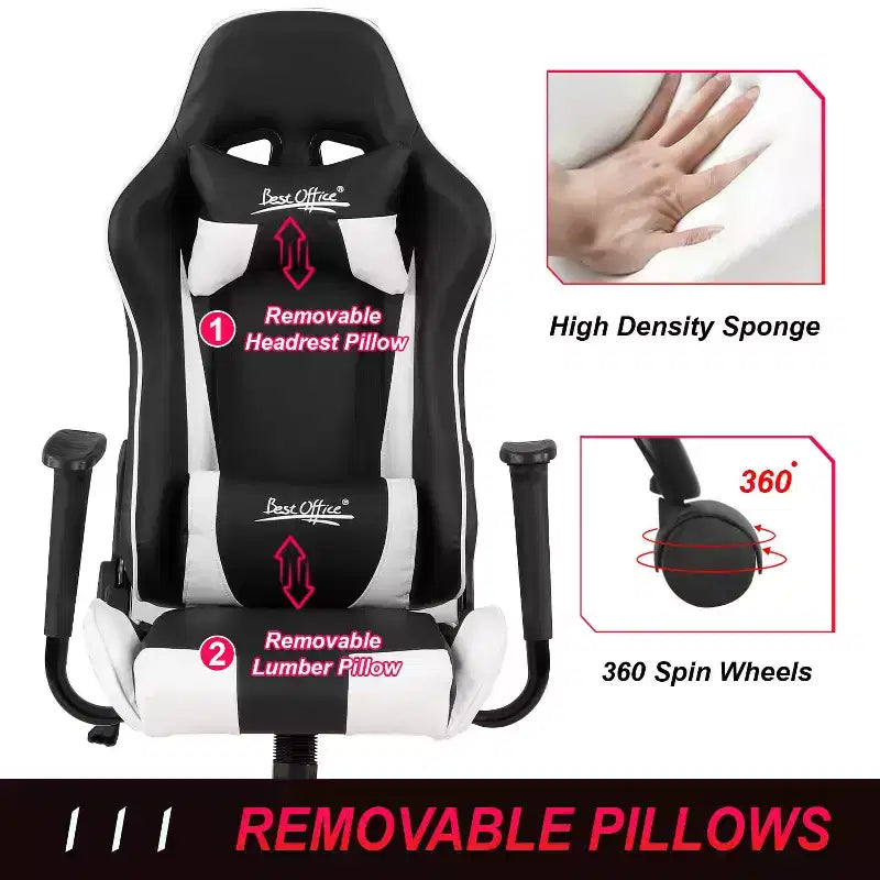 Chaise de jeu BestMassage, chaise de bureau avec support lombaire, appui-tête, accoudoirs et roulettes pivotantes pour joueurs de PC