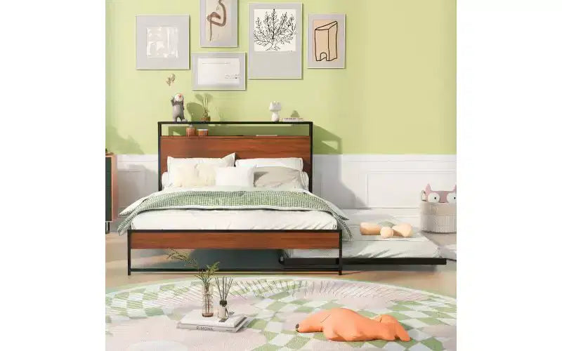 Metal Full Size Bed Frame with Trundle Bed, Integrated USB Ports, and Slat System C Box Spring Optional