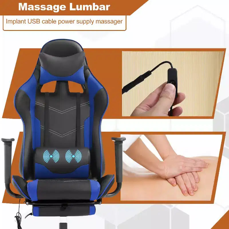 BestMassage Fauteuil de bureau gamer Racing avec fonction massage, soutien lombaire, en cuir PU pour adulte