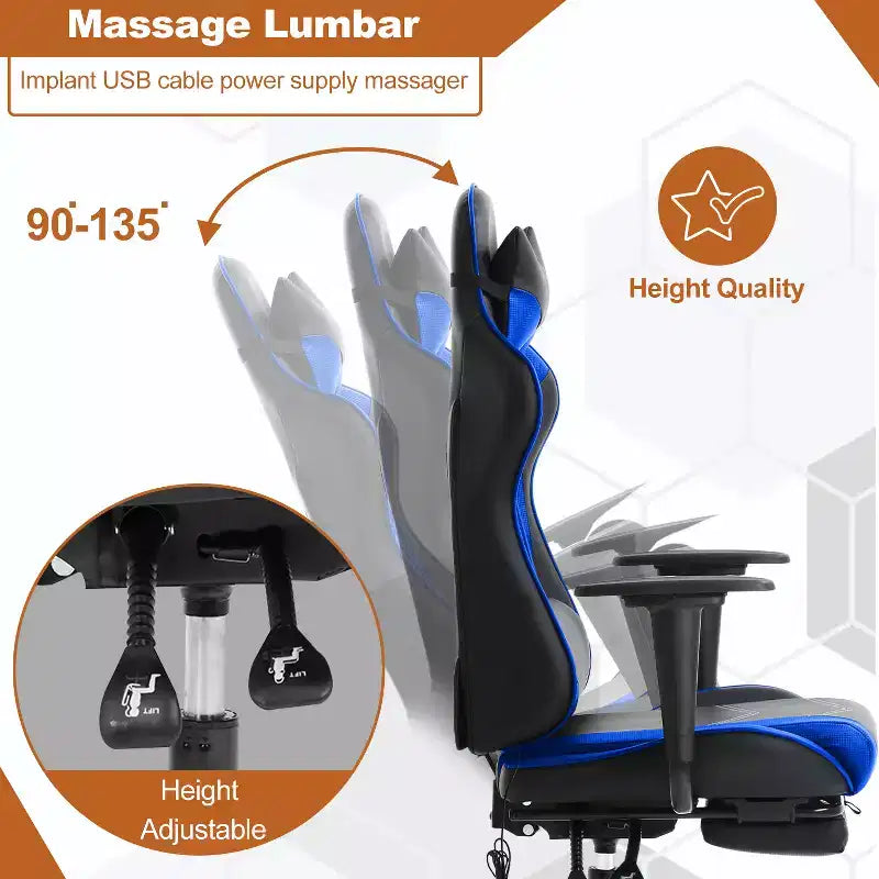 BestMassage Fauteuil de bureau gamer Racing avec fonction massage, soutien lombaire, en cuir PU pour adulte