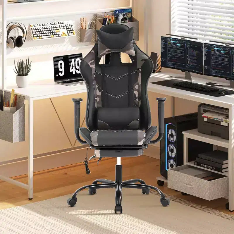 BestMassage Fauteuil de bureau gamer Racing avec fonction massage, soutien lombaire, en cuir PU pour adulte