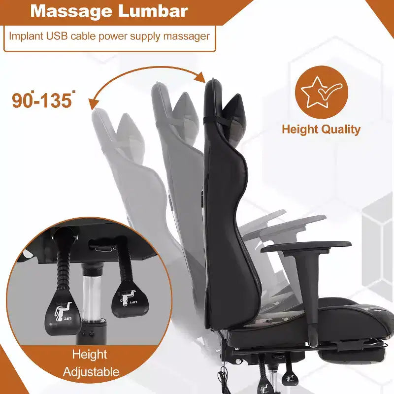 BestMassage Fauteuil de bureau gamer Racing avec fonction massage, soutien lombaire, en cuir PU pour adulte