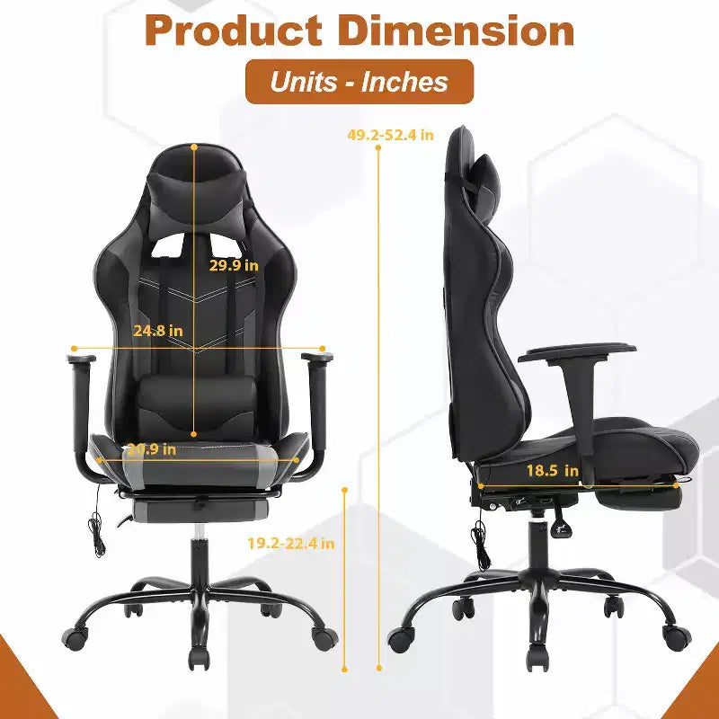 BestMassage Fauteuil de bureau gamer Racing avec fonction massage, soutien lombaire, en cuir PU pour adulte