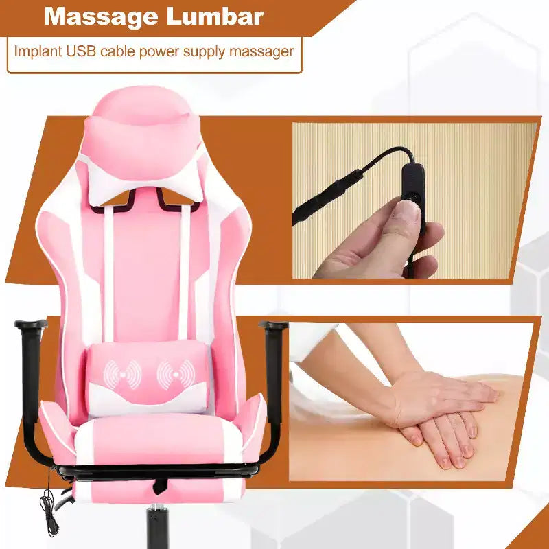 BestMassage Fauteuil de bureau gamer Racing avec fonction massage, soutien lombaire, en cuir PU pour adulte