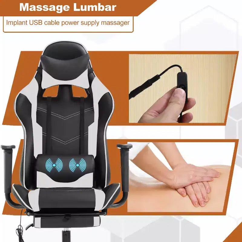 BestMassage Fauteuil de bureau gamer Racing avec fonction massage, soutien lombaire, en cuir PU pour adulte