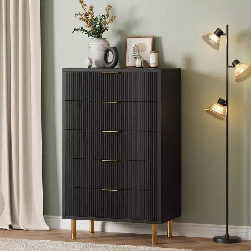 Modern 5 Drawer Dresser for Bedroom with Gold Handle and Large Drawer, Wood Double Chest of Drawers and Storage Organizer